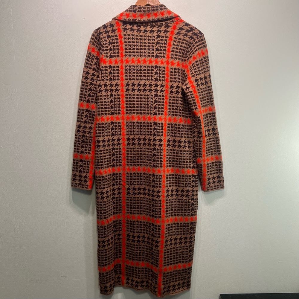 Christian Siriano Houndstooth Red Tan Black Long Knit Sweater Pockets Size Small - Picture 6 of 8
